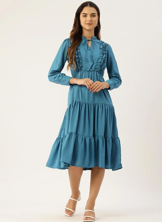 Rue Collection Women Blue Tie-Up Neck Tiered Midi Dress